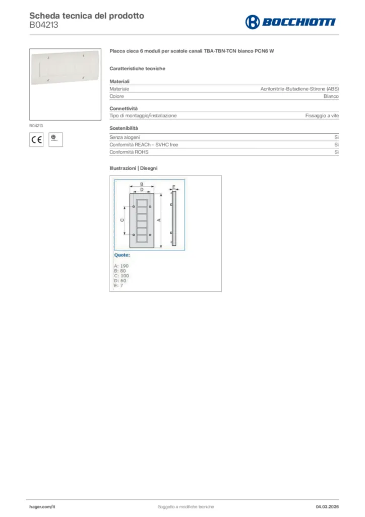 Immagine Bocchiotti Scheda tecnica del prodotto B04213 | Hager Italia