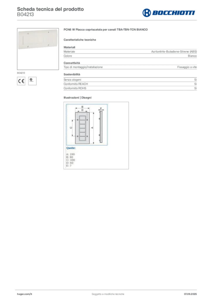 Immagine Bocchiotti Scheda tecnica del prodotto B04213 | Hager Italia