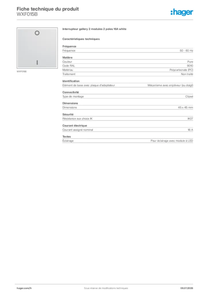 Image Hager Fiche technique du produit WXF015B | Hager France