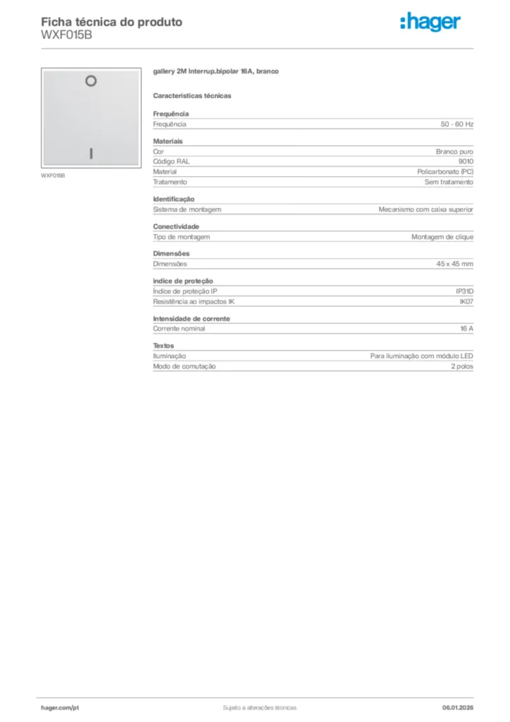 Imagem Hager Ficha técnica do produto WXF015B | Hager Portugal