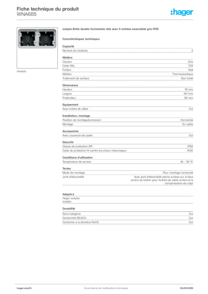 Image Hager Fiche technique du produit WNA685 | Hager France