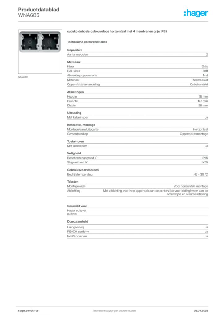 Afbeelding Hager Productdatablad WNA685 | Hager Belgium