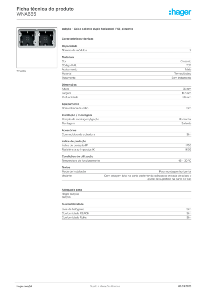 Imagem Hager Ficha técnica do produto WNA685 | Hager Portugal
