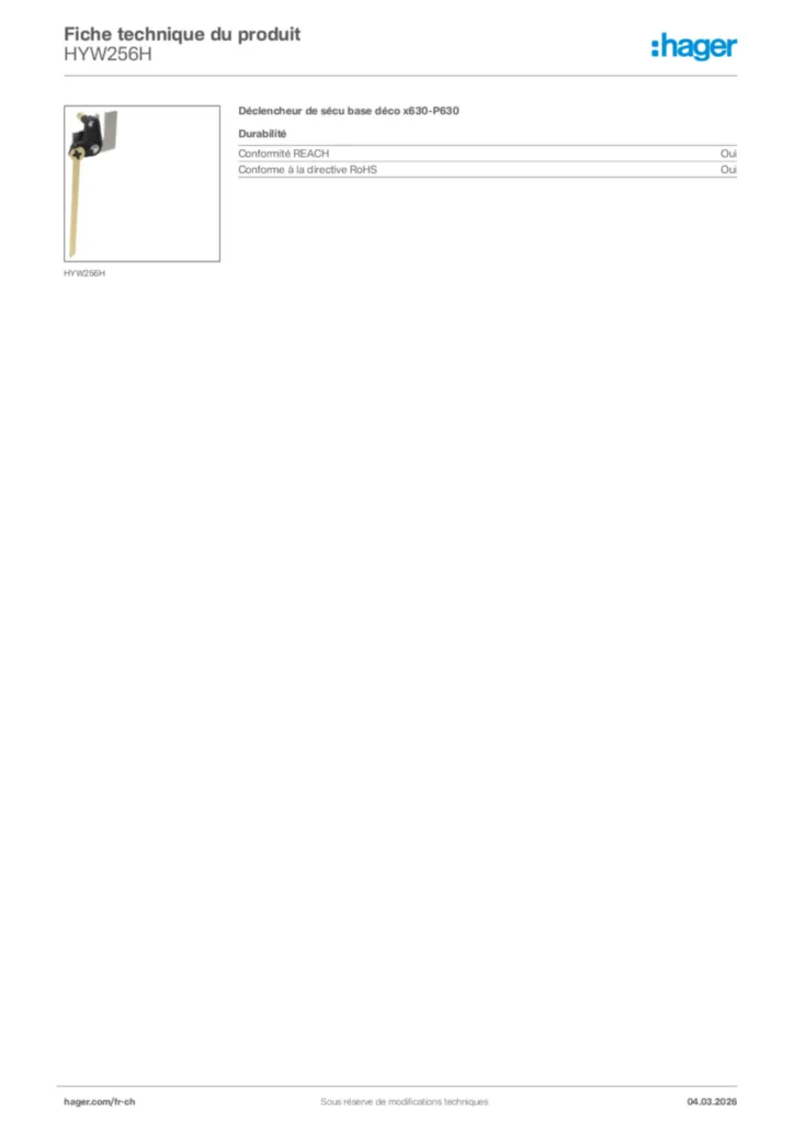 Image Hager Fiche technique du produit HYW256H | Hager Suisse
