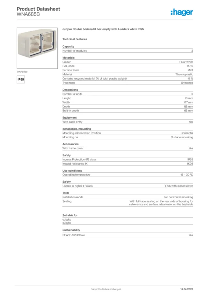Image Hager Product data sheet WNA685B  | Hager Africa