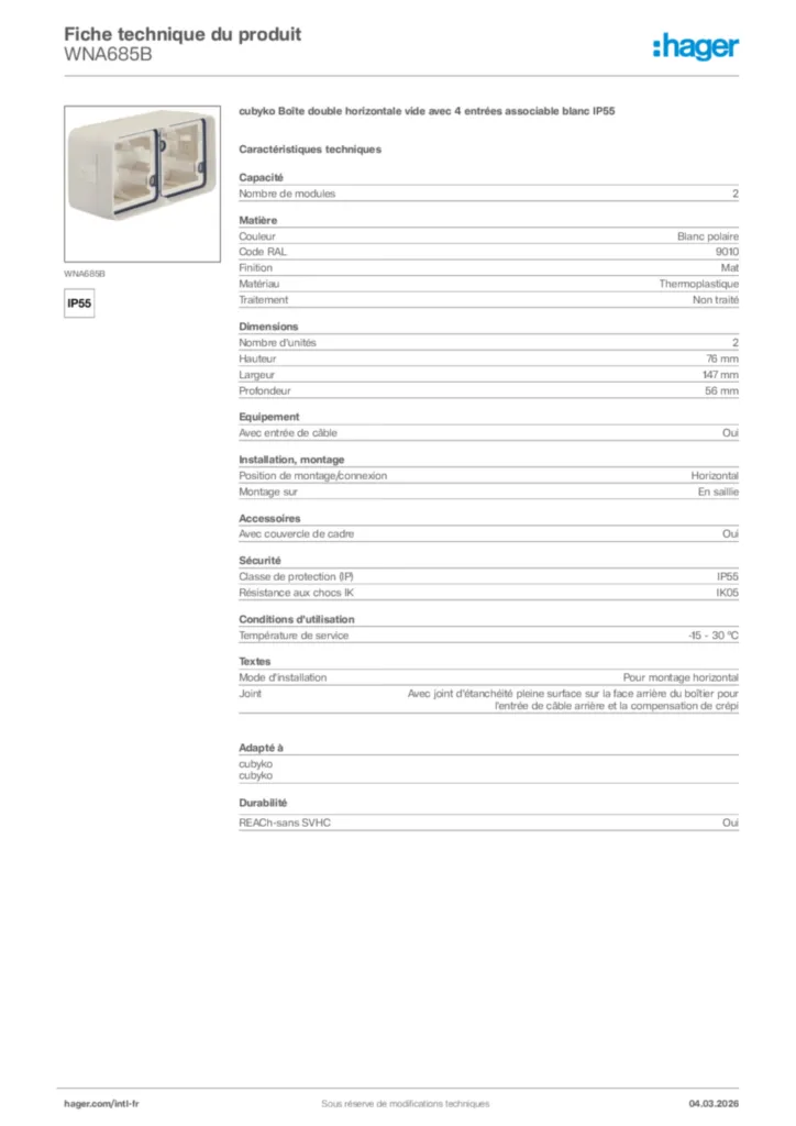 Image Hager Fiche technique du produit WNA685B | Hager Afrique