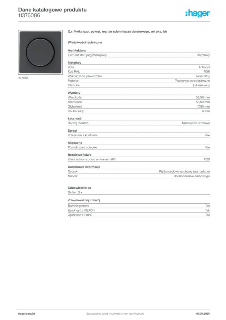 Zdjęcie Hager Dane katalogowe produktu 11376086 | Hager Polska