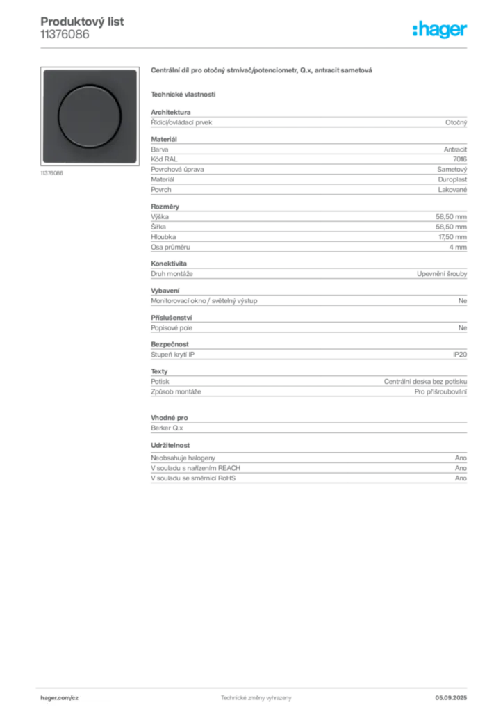 Obrázek Hager Produktový list 11376086 | Hager