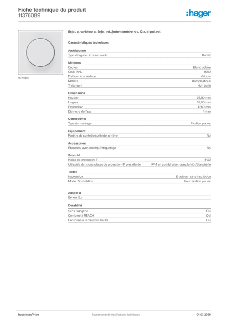 Image Hager Fiche technique du produit 11376089 | Hager Belgique