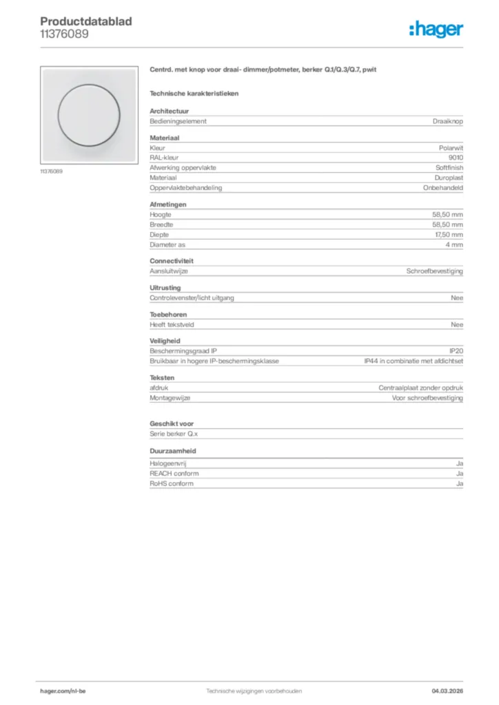 Afbeelding Hager Productdatablad 11376089 | Hager Belgium