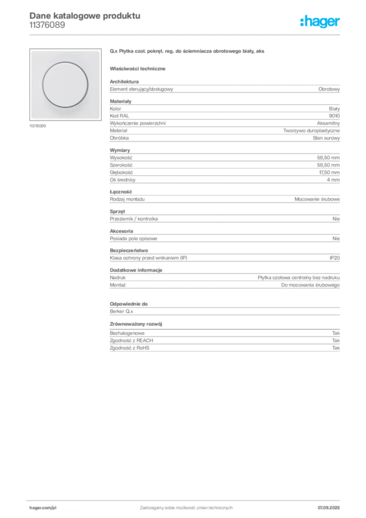 Zdjęcie Hager Dane katalogowe produktu 11376089 | Hager Polska