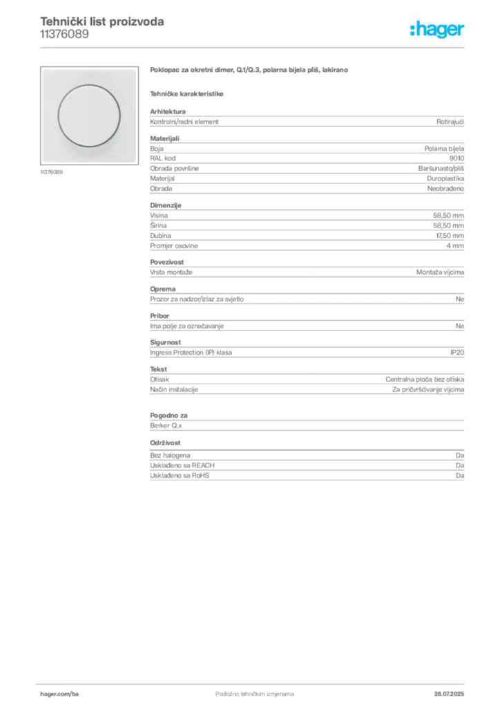 Slika Hager Product data sheet 11376089  | Hager