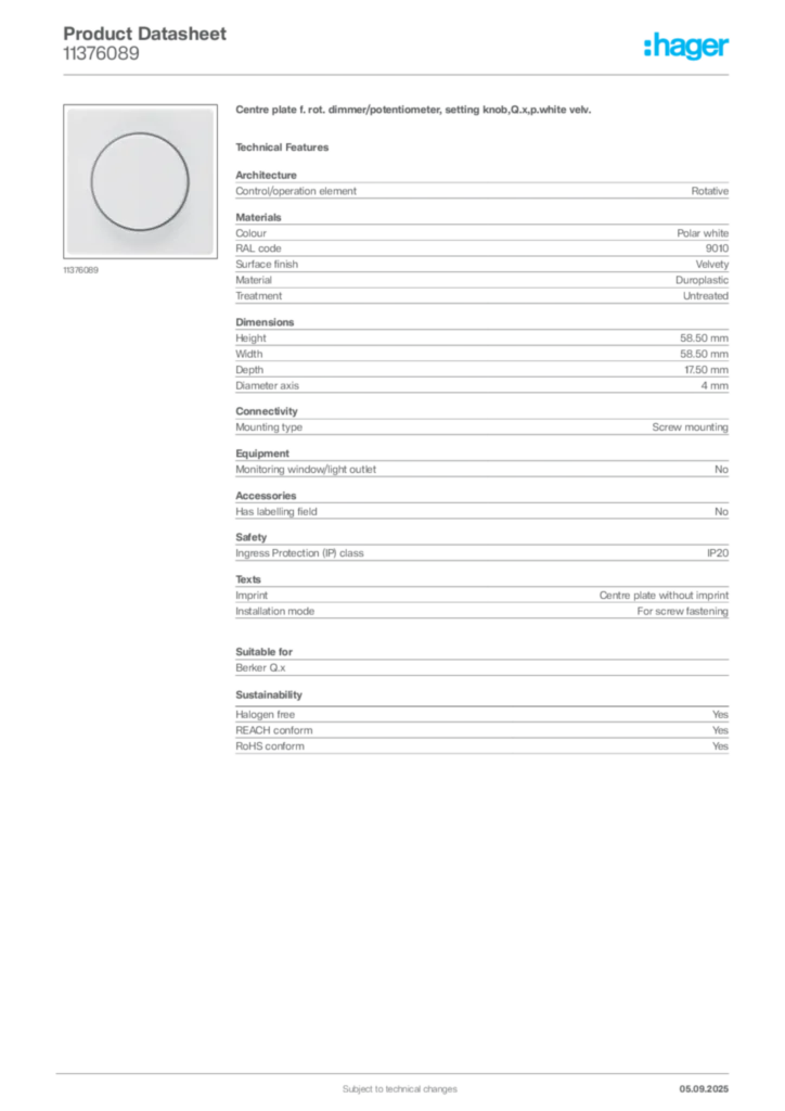 Image Hager Product data sheet 11376089  | Hager