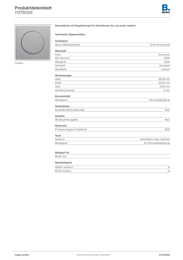Bild Berker Produktdatenblatt 11376084 | Hager Deutschland