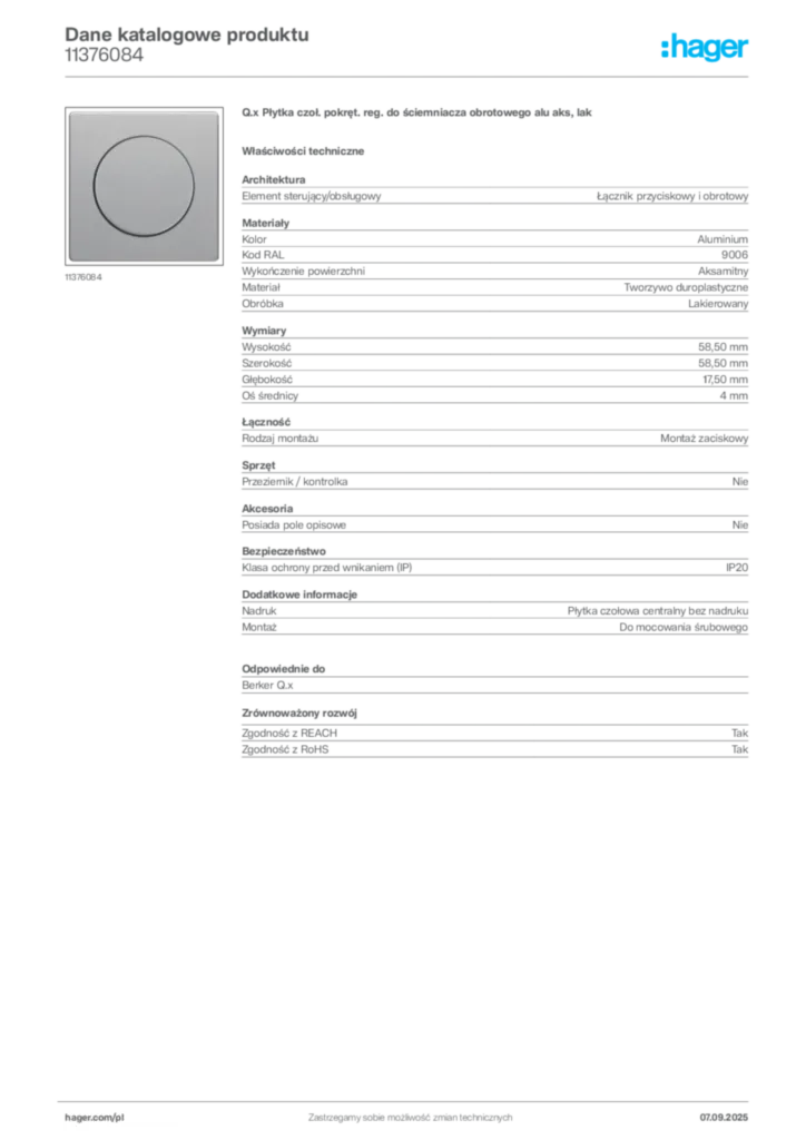Zdjęcie Hager Dane katalogowe produktu 11376084 | Hager Polska