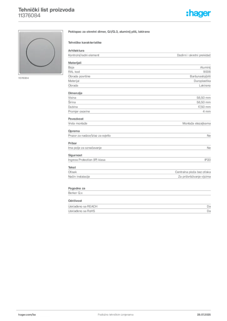 Slika Hager Product data sheet 11376084  | Hager