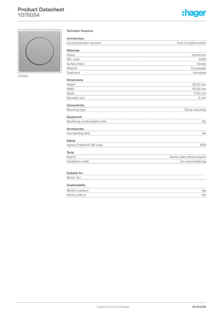 Image Hager Product data sheet 11376084  | Hager