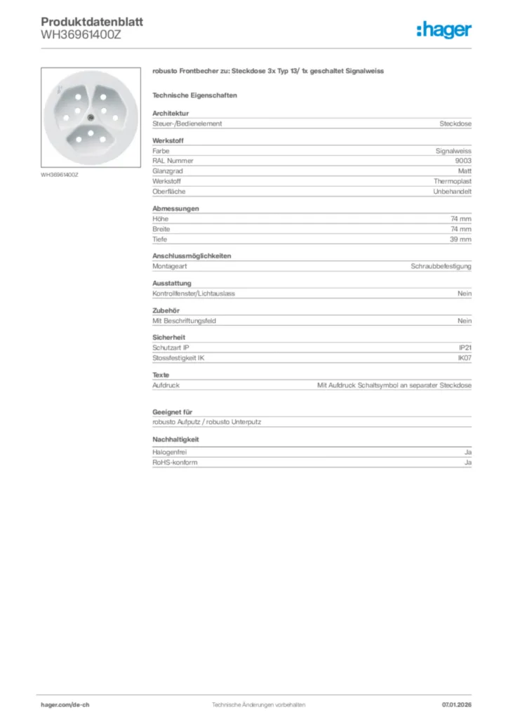 Bild Hager Produktdatenblatt WH36961400Z | Hager Schweiz