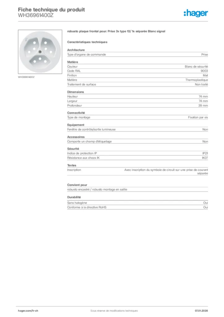 Image Hager Fiche technique du produit WH36961400Z | Hager Suisse