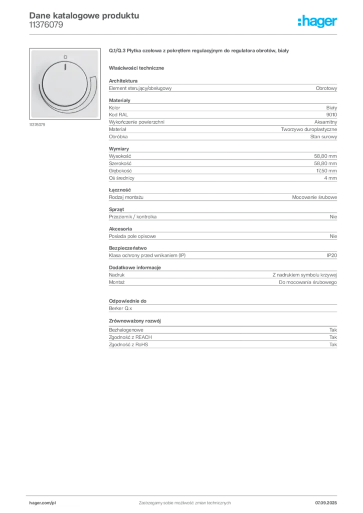 Zdjęcie Hager Dane katalogowe produktu 11376079 | Hager Polska