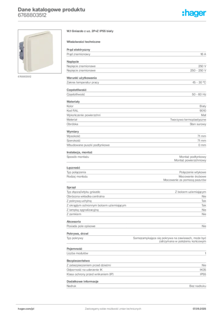 Zdjęcie Hager Dane katalogowe produktu 6768803512 | Hager Polska