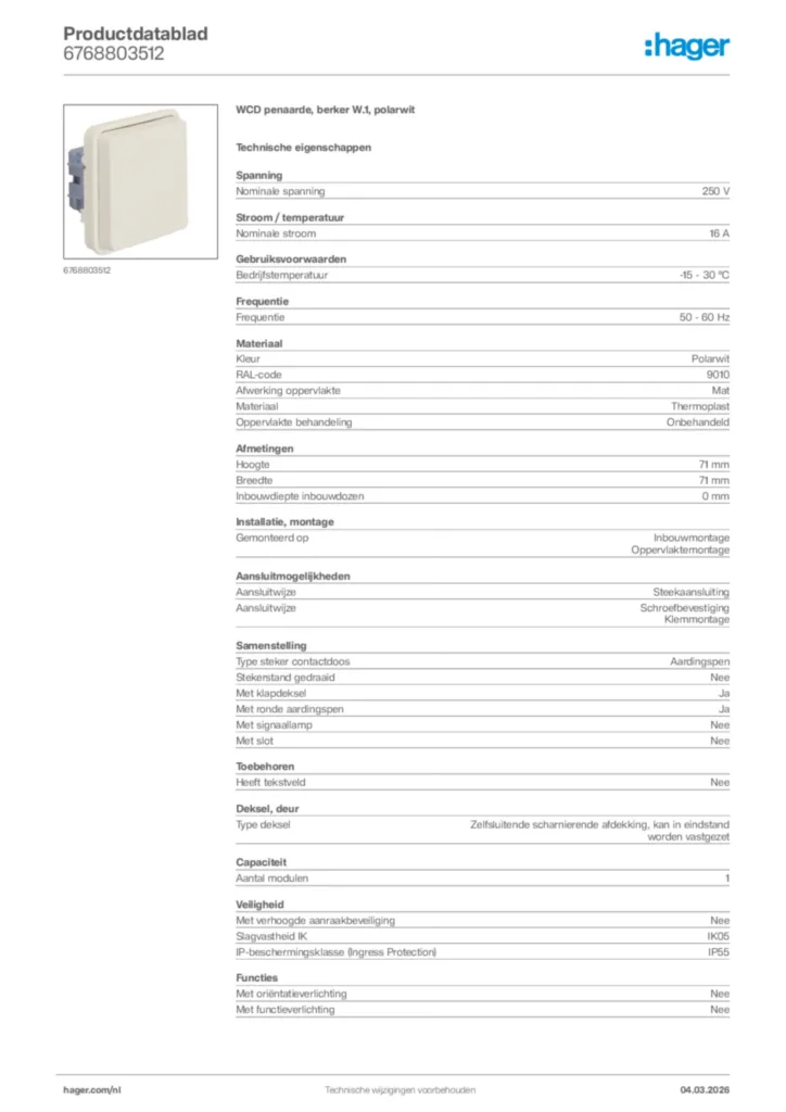 Afbeelding Hager Productdatablad 6768803512 | Hager Nederland