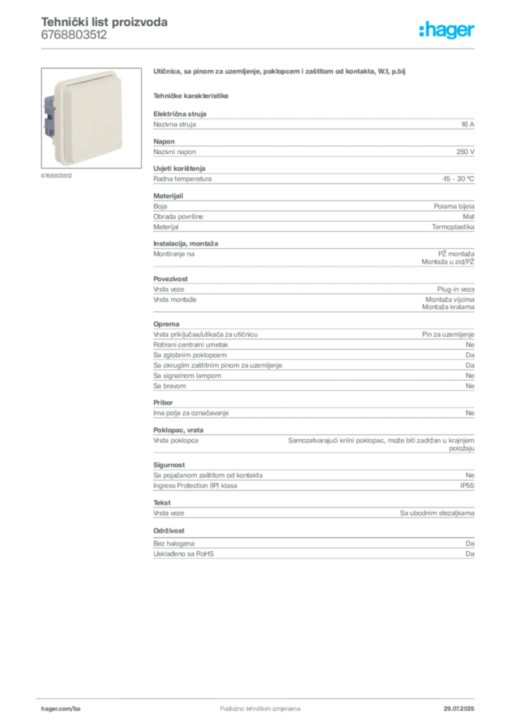 Slika Hager Product data sheet 6768803512  | Hager