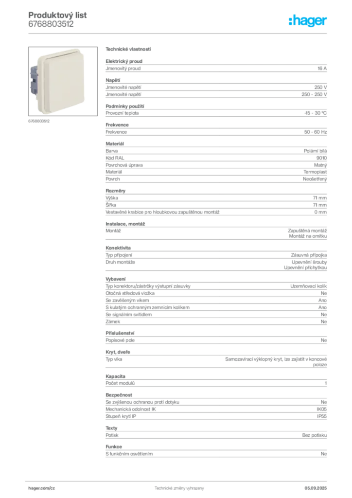 Obrázek Hager Produktový list 6768803512 | Hager