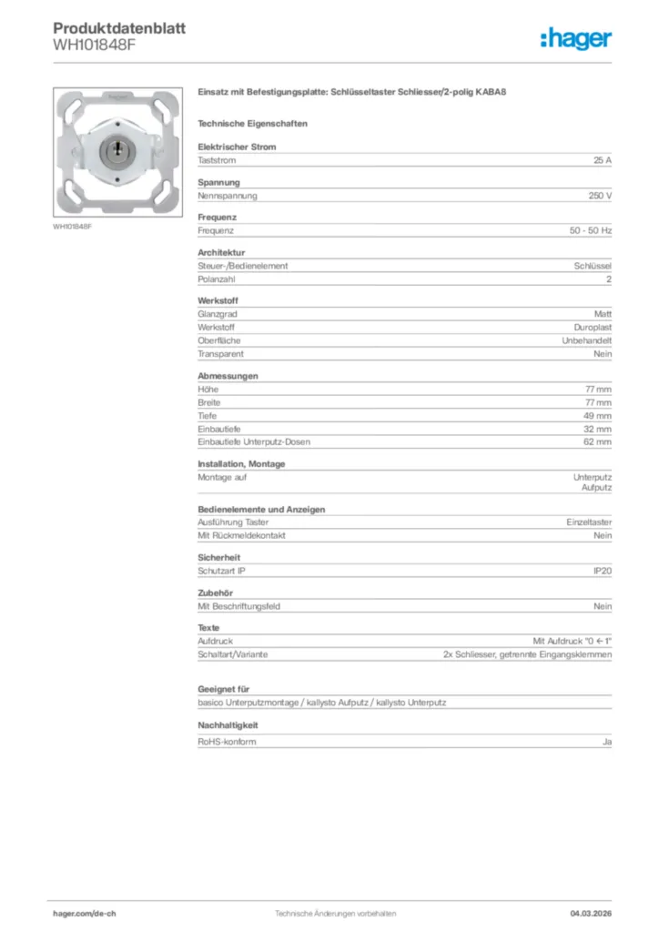 Bild Hager Produktdatenblatt WH101848F | Hager Schweiz