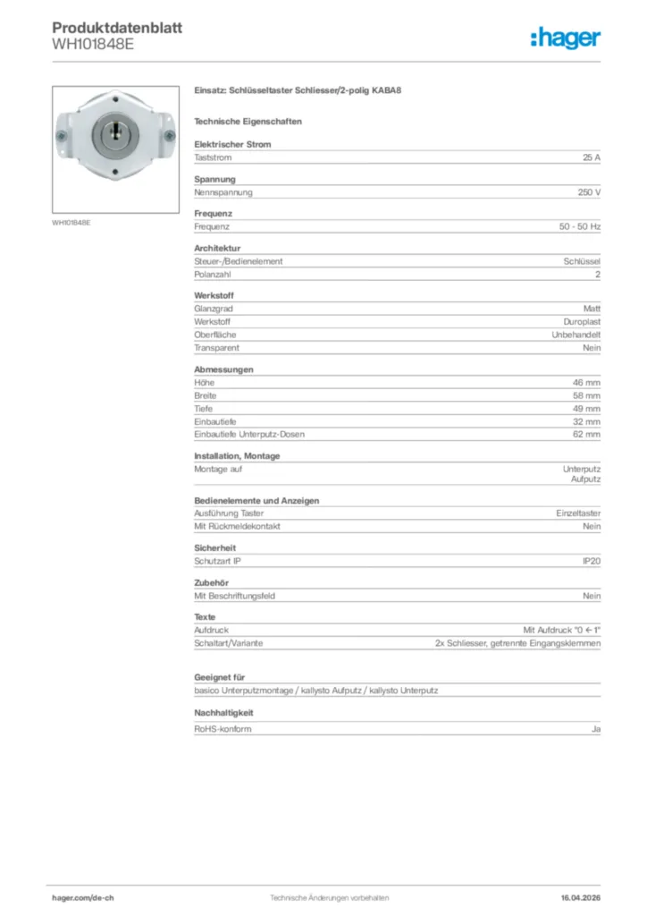 Bild Hager Produktdatenblatt WH101848E | Hager Schweiz