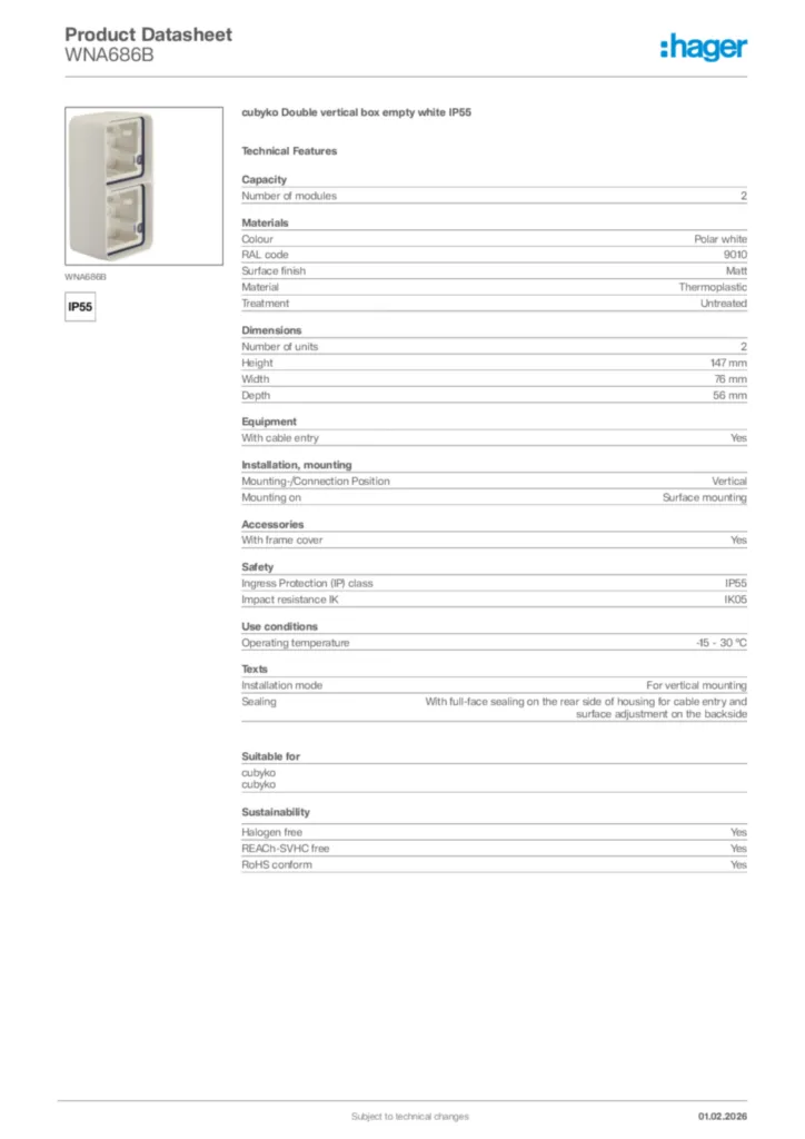 Image Hager Product data sheet WNA686B  | Hager Africa