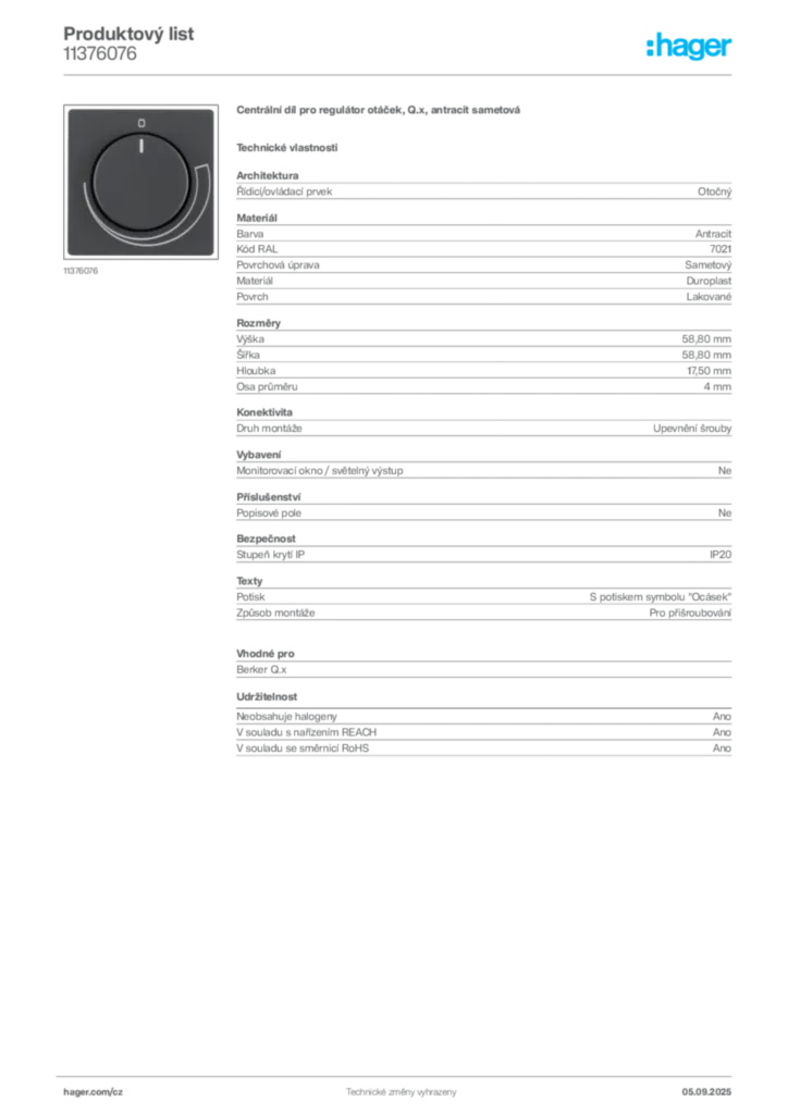 Obrázek Hager Produktový list 11376076 | Hager