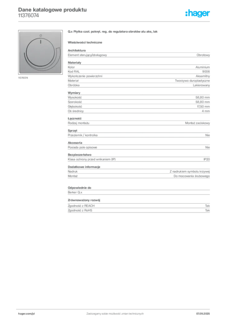 Zdjęcie Hager Dane katalogowe produktu 11376074 | Hager Polska