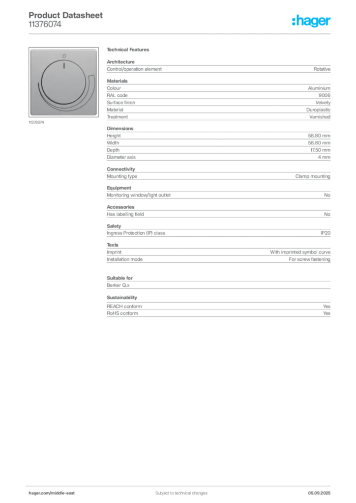Image Hager Product data sheet 11376074  | Hager