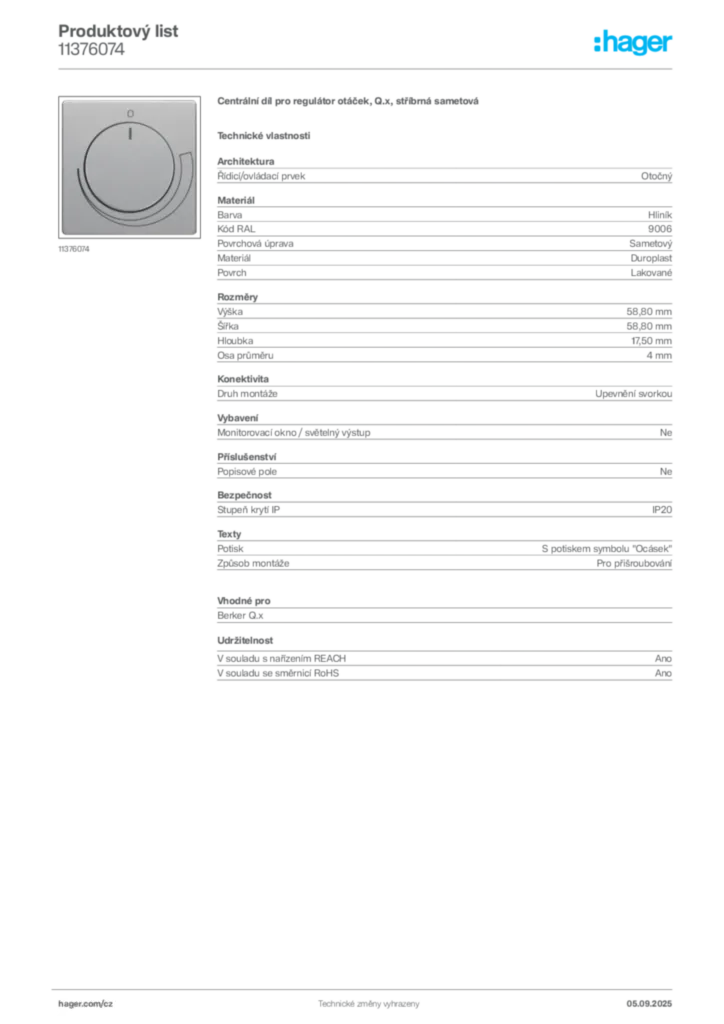 Obrázek Hager Produktový list 11376074 | Hager