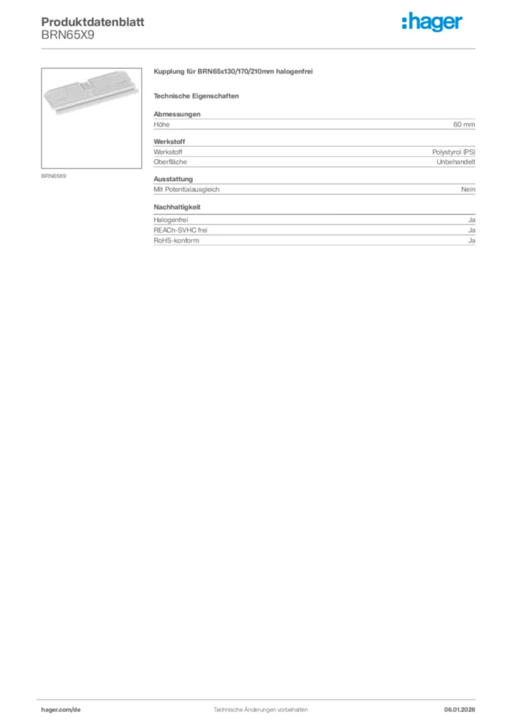 Bild Hager Produktdatenblatt BRN65X9 | Hager Deutschland