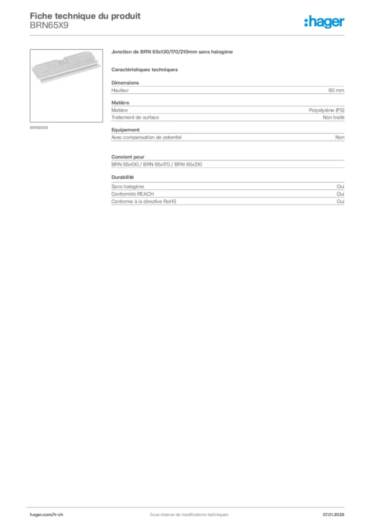 Image Hager Fiche technique du produit BRN65X9 | Hager Suisse