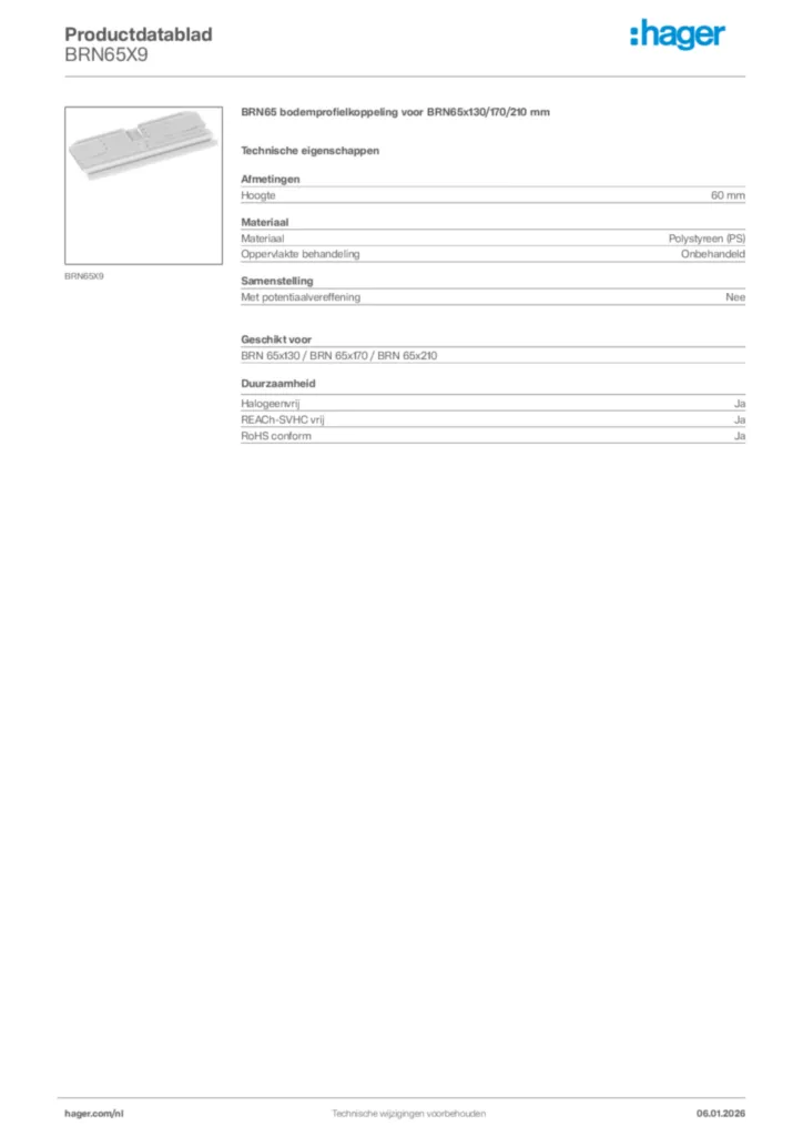 Afbeelding Hager Productdatablad BRN65X9 | Hager Nederland