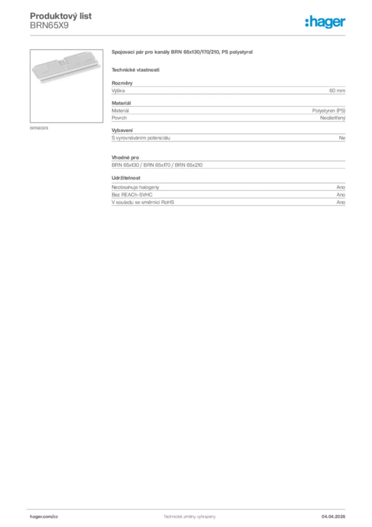 Obrázek Hager Product data sheet BRN65X9 | Hager