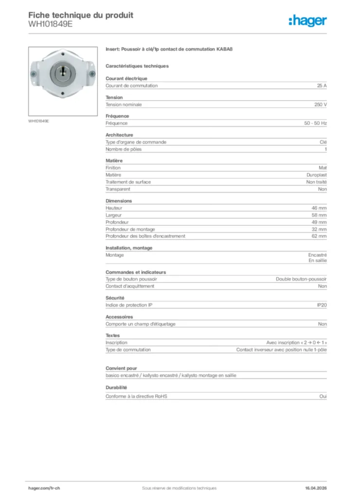 Image Hager Fiche technique du produit WH101849E | Hager Suisse