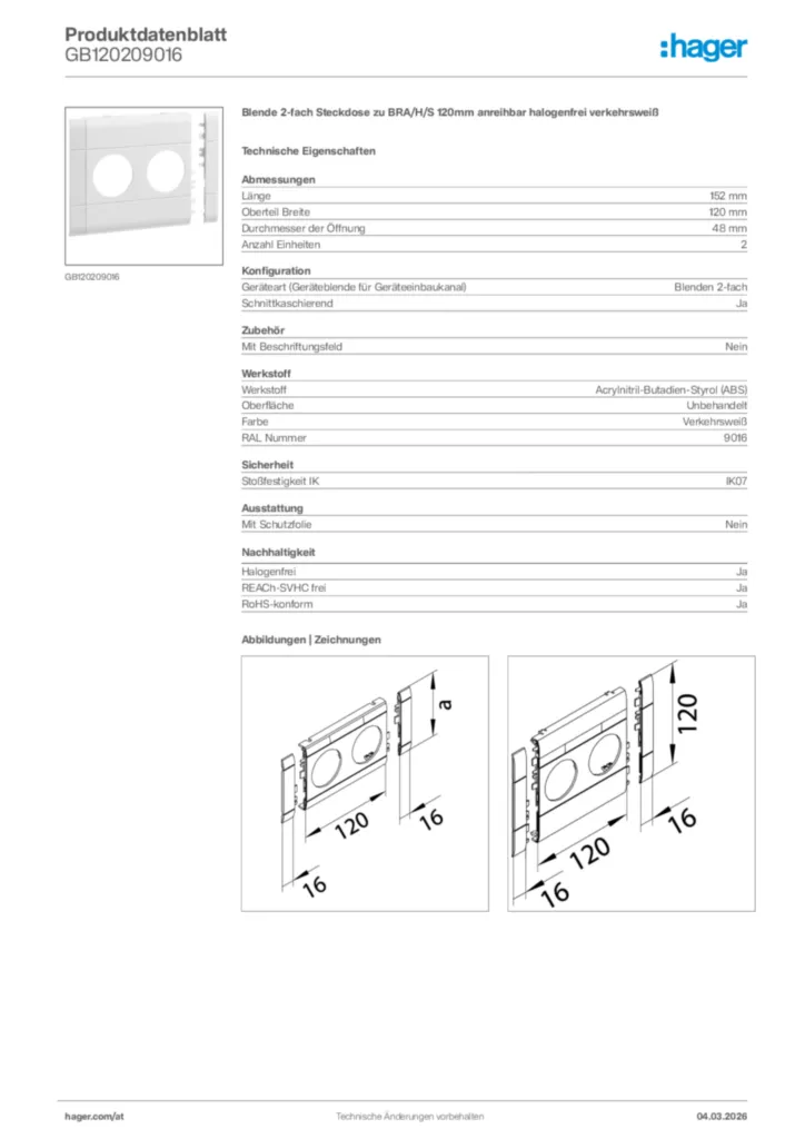 Bild Hager Produktdatenblatt GB120209016 | Hager Deutschland