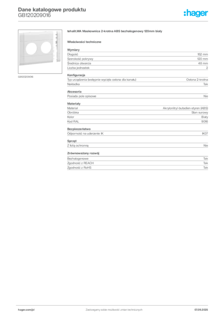Zdjęcie Hager Dane katalogowe produktu GB120209016 | Hager Polska