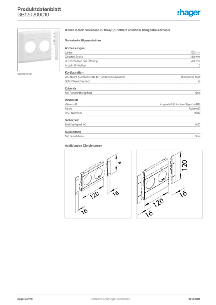 Bild Hager Produktdatenblatt GB120209010 | Hager Deutschland