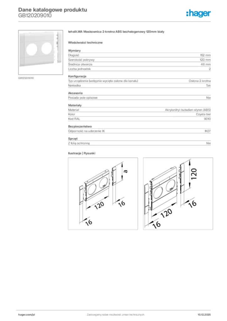 Zdjęcie Hager Dane katalogowe produktu GB120209010 | Hager Polska