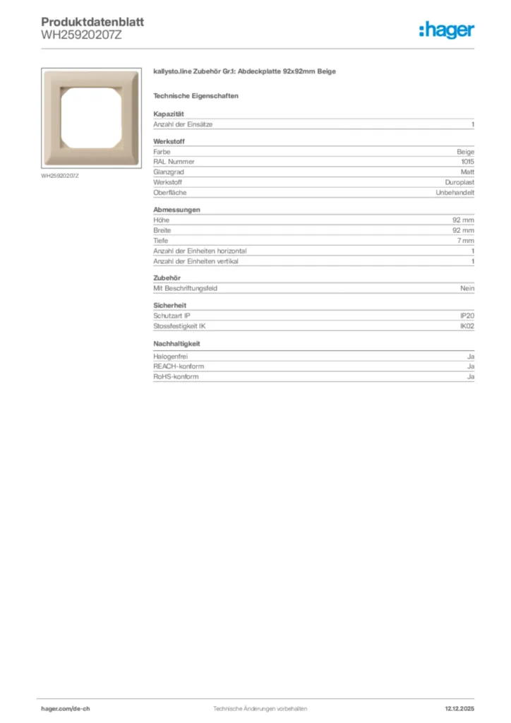 Bild Hager Produktdatenblatt WH25920207Z | Hager Schweiz