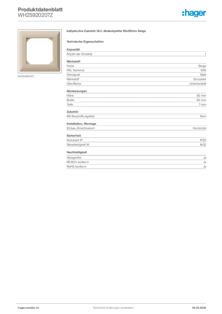 Bild Hager Produktdatenblatt WH25920207Z | Hager Schweiz