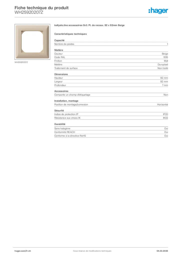 Image Hager Fiche technique du produit WH25920207Z | Hager Suisse