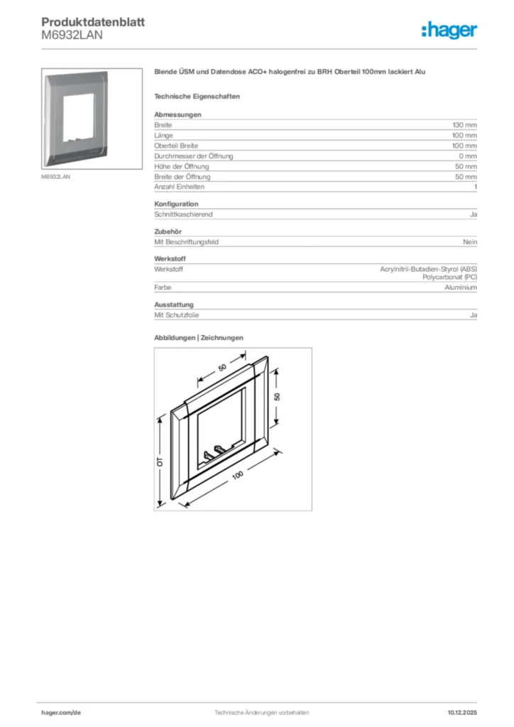 Bild Hager Produktdatenblatt M6932LAN | Hager Deutschland