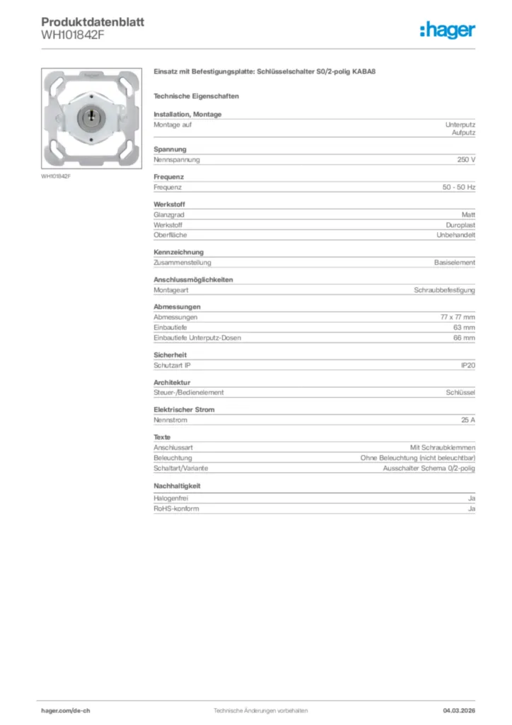 Bild Hager Produktdatenblatt WH101842F | Hager Schweiz