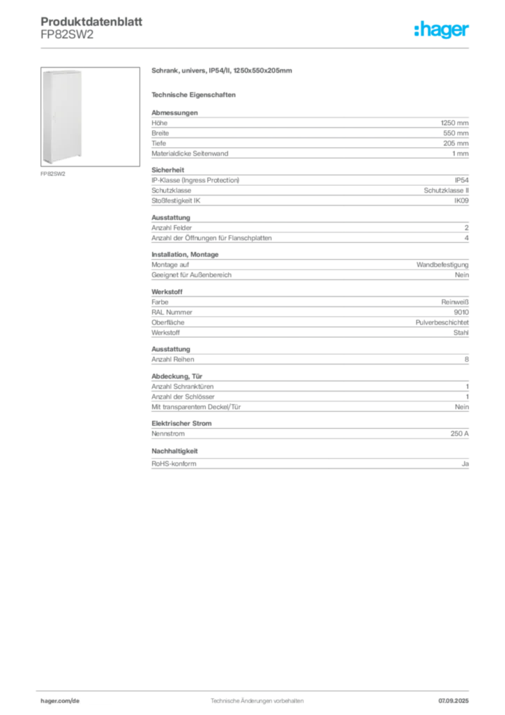 Bild Hager Produktdatenblatt FP82SW2 | Hager Deutschland